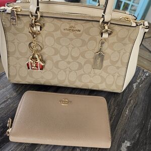 Coach 3 Piece Purse & Wallet Tan & Gold Surrey Carryall Shoulder 13x8x5+Wallet